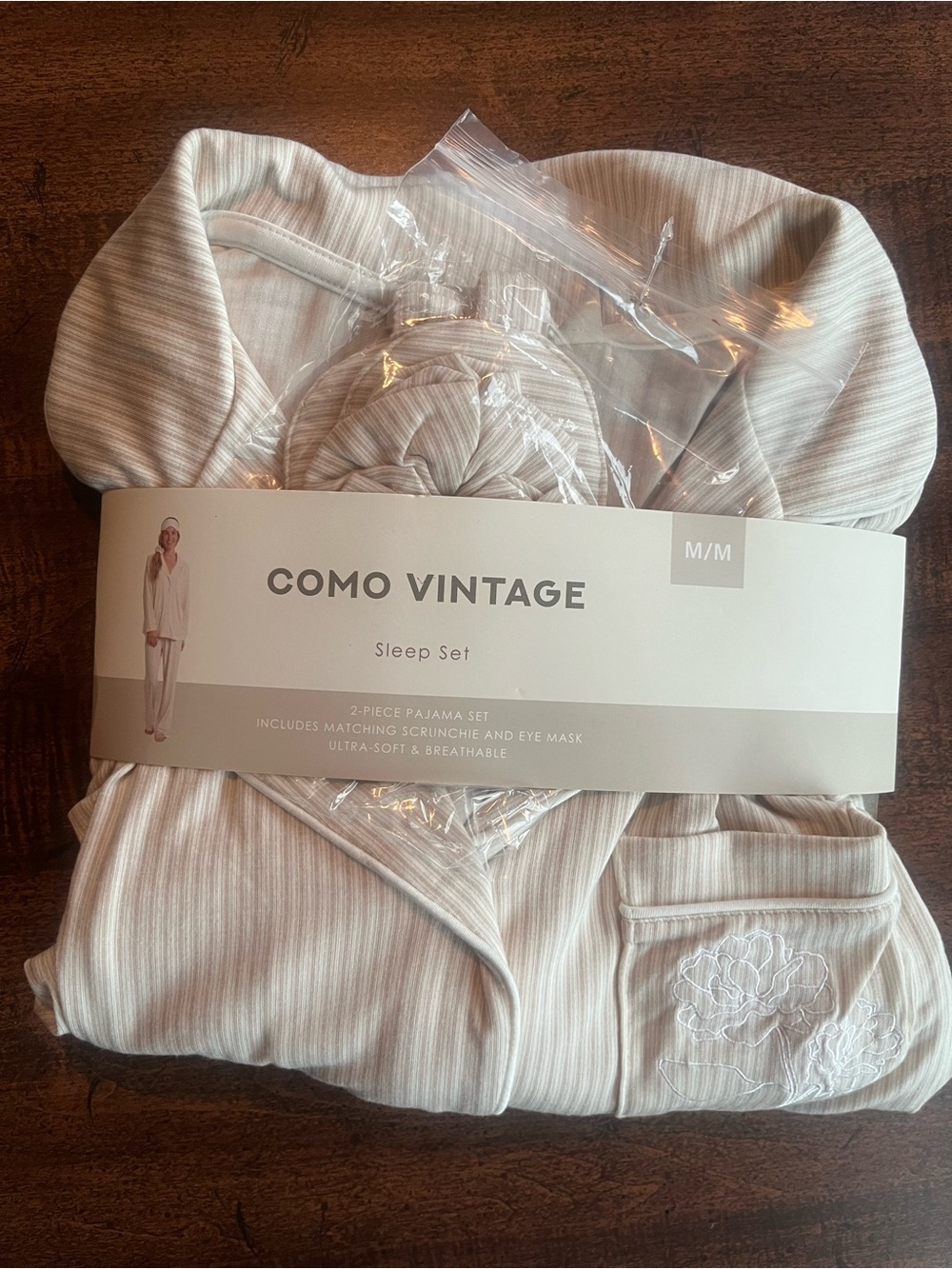 Como Vintage Women’s Pajama Set Med Modal Blend Striped Beige Mask Scrunchie NIP